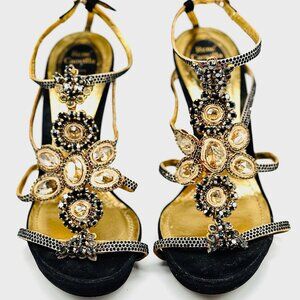 René Caovilla Black & Gold Crystal‑Embellished Heels | Size 7
